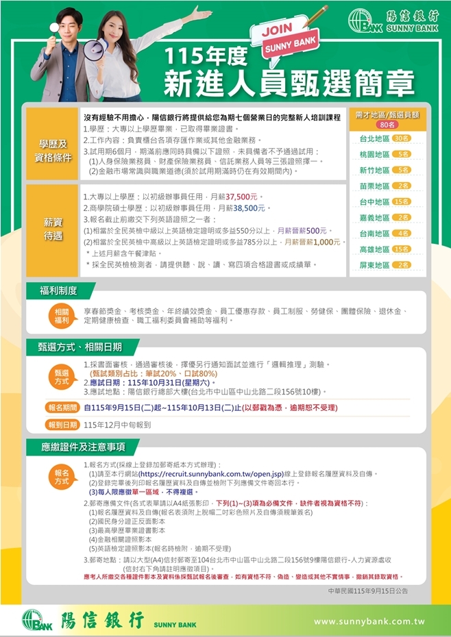 陽信商業銀行-115年度新進人員甄選